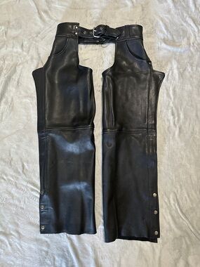 Black Leather Wide-Leg Chaps Pants with Buckle Waist